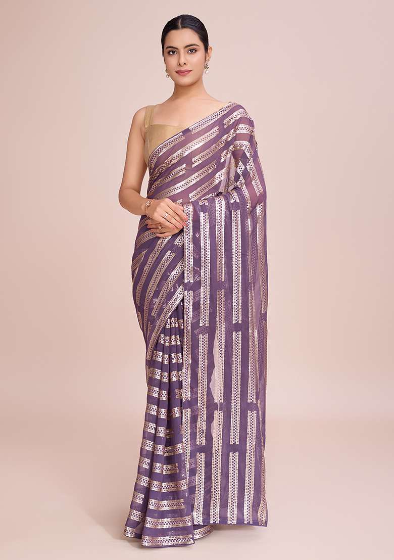 Purple Embroidered Georgette Saree Set for Diwali and Festive Wear - Indya