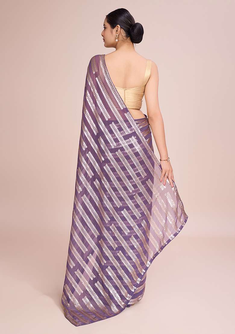 Purple Embroidered Georgette Saree Set for Diwali and Festive Wear - Indya