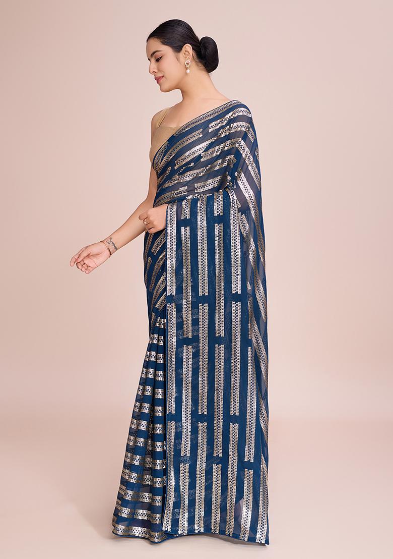 Blue Embroidered Georgette Saree Set