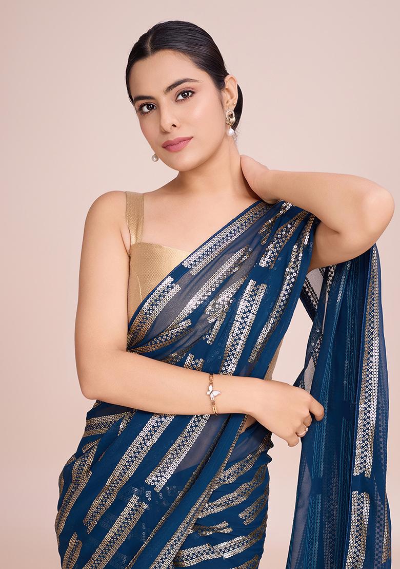 Blue Embroidered Georgette Saree Set
