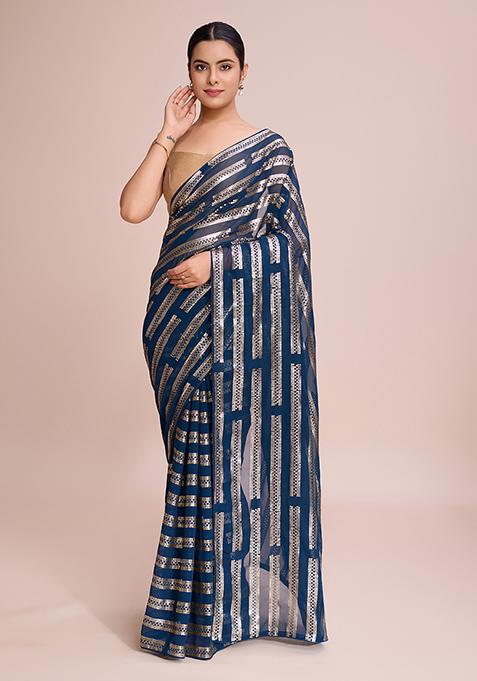 Blue Embroidered Georgette Saree Set