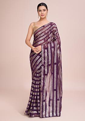 Wine Embroidered Georgette Saree Set