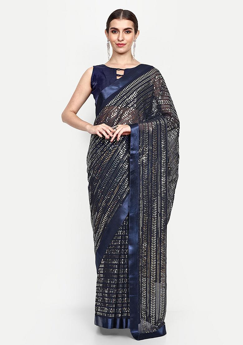 Blue Embroidered Georgette Saree Set