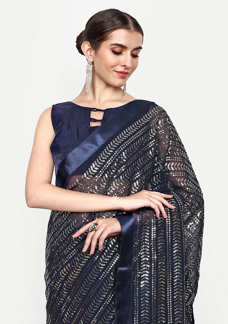 Blue Embroidered Georgette Saree Set