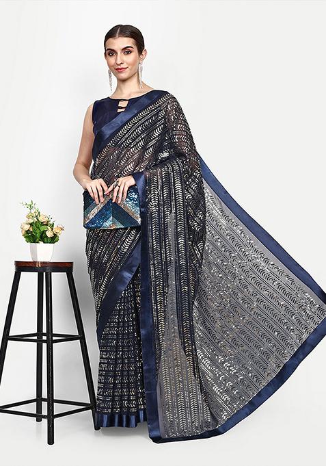 Blue Embroidered Georgette Saree Set