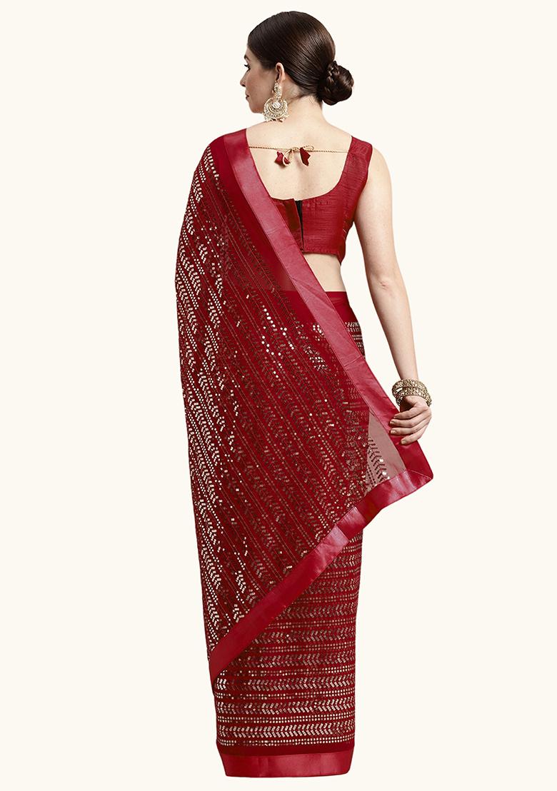 Maroon Embroidered Georgette Saree Set