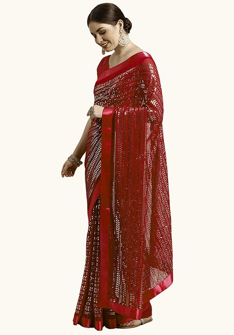Maroon Embroidered Georgette Saree Set