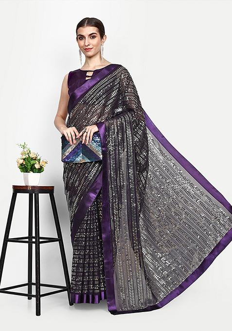 Wine Embroidered Georgette Saree Set