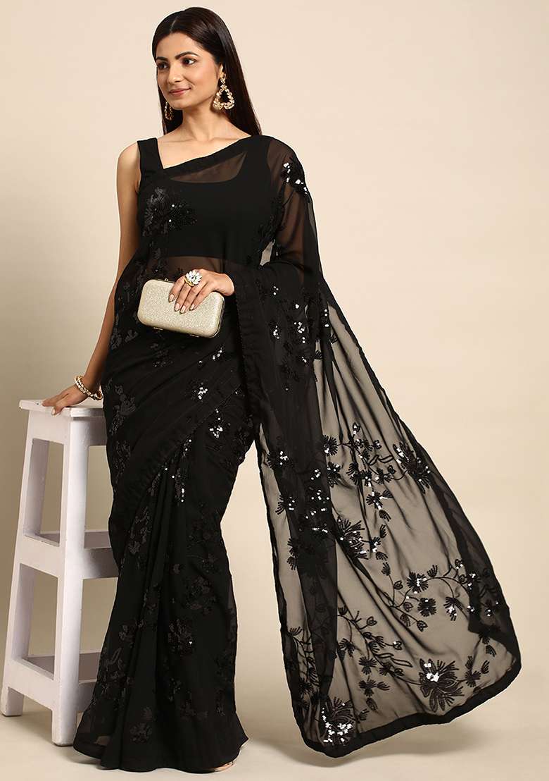 Black Embroidered Georgette Saree Set for Diwali and Festive Wear - Indya