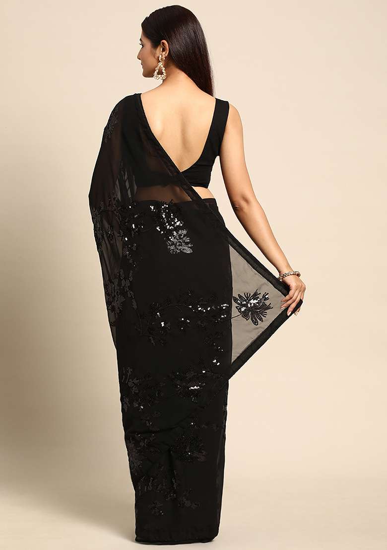 Black Embroidered Georgette Saree Set for Diwali and Festive Wear - Indya