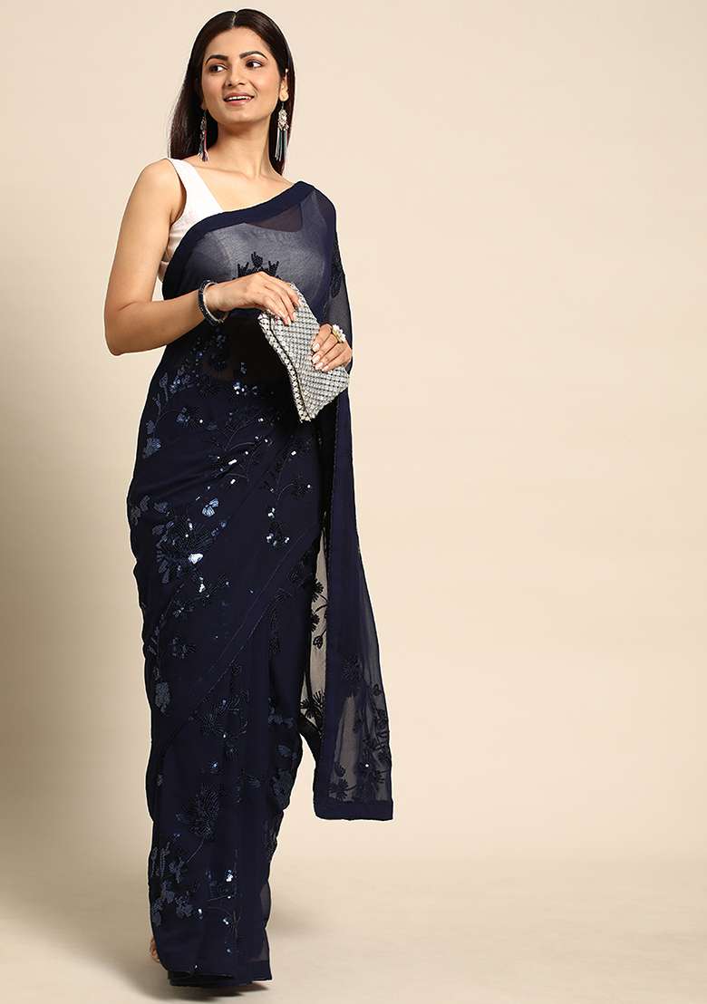 Blue Georgette Saree Set with Embroidered for Diwali | Wedding & Festive Wear - Indya
