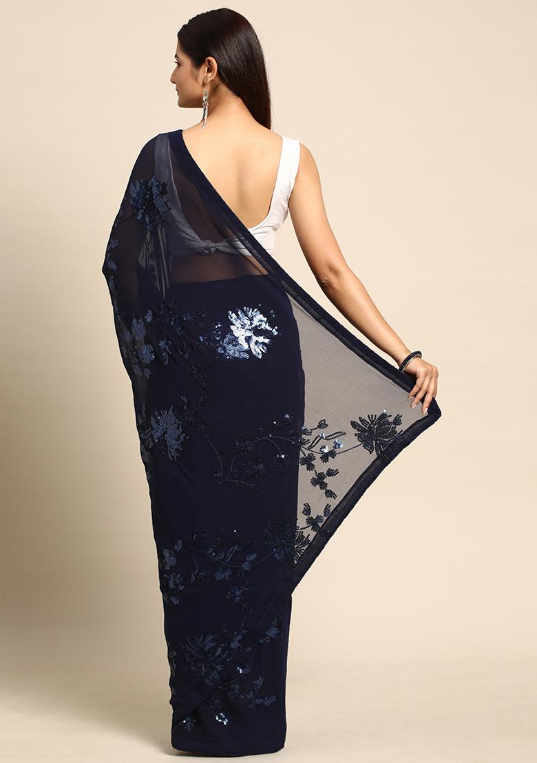 Blue Embroidered Georgette Saree Set