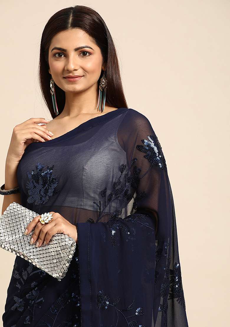 Blue Georgette Saree Set with Embroidered for Diwali | Wedding & Festive Wear - Indya