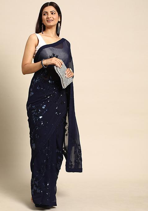 Blue Embroidered Georgette Saree Set