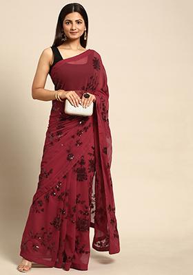 Maroon Embroidered Georgette Saree Set