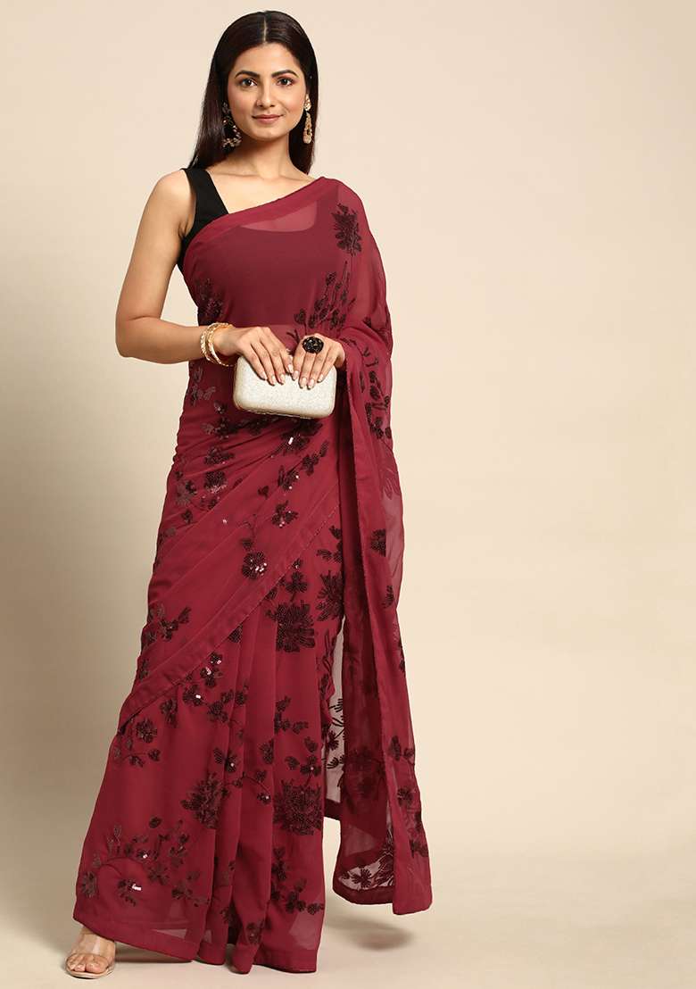 Maroon Embroidered Georgette Saree Set for Diwali and Festive Wear - Indya