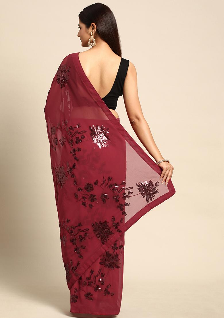 Maroon Embroidered Georgette Saree Set