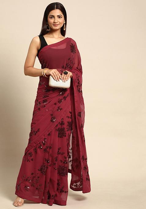 Maroon Embroidered Georgette Saree Set