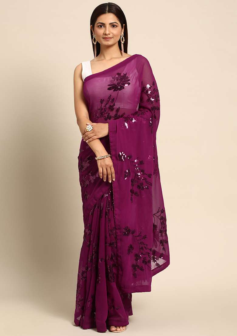Pink Embroidered Georgette Saree Set for Diwali and Festive Wear - Indya
