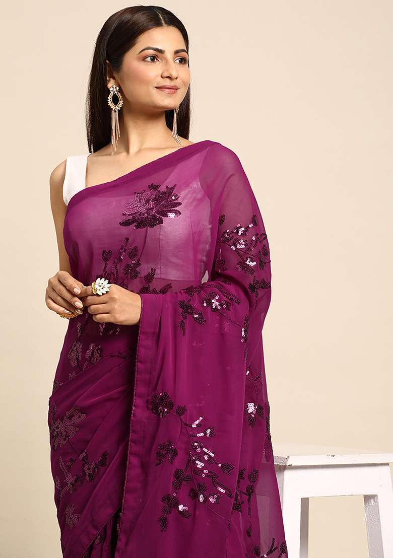 Pink Embroidered Georgette Saree Set for Diwali and Festive Wear - Indya