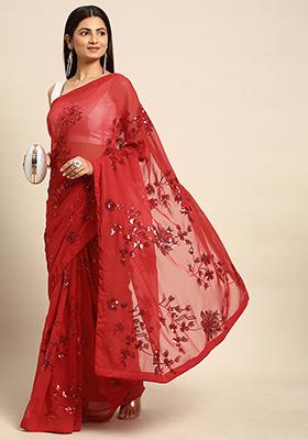 Red Embroidered Georgette Saree Set
