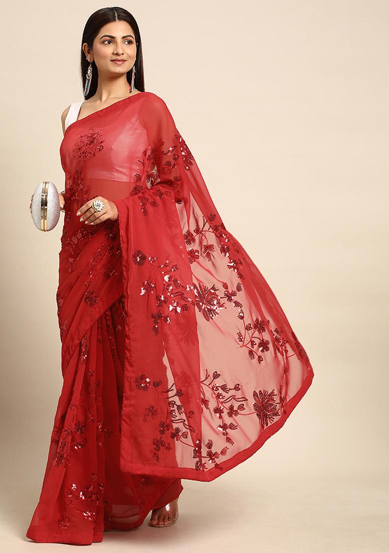 Red Embroidered Georgette Saree Set