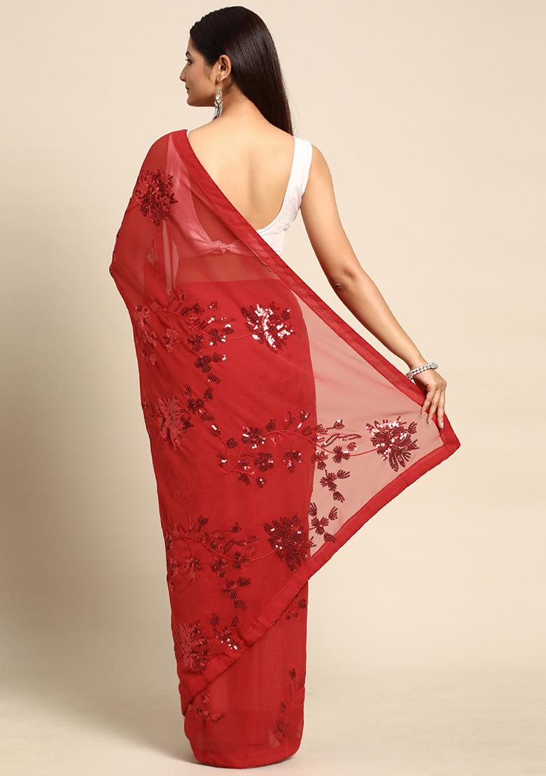 Red Embroidered Georgette Saree Set