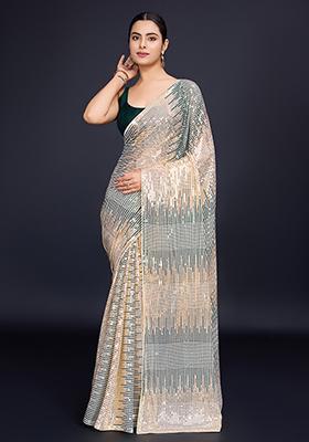 Cream Embroidered Georgette Saree Set