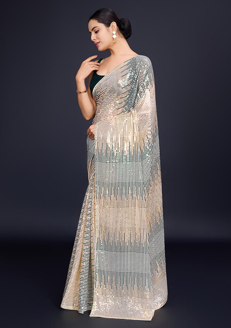 Cream Embroidered Georgette Saree Set