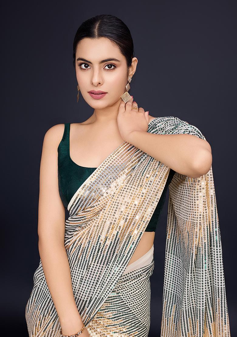 Cream Embroidered Georgette Saree Set