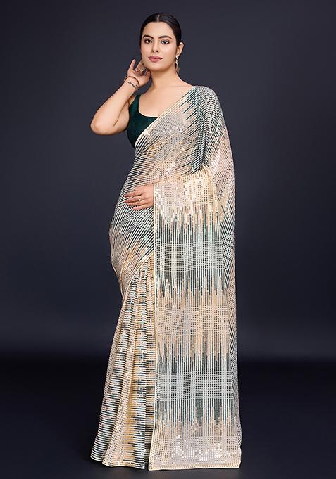 Cream Embroidered Georgette Saree Set