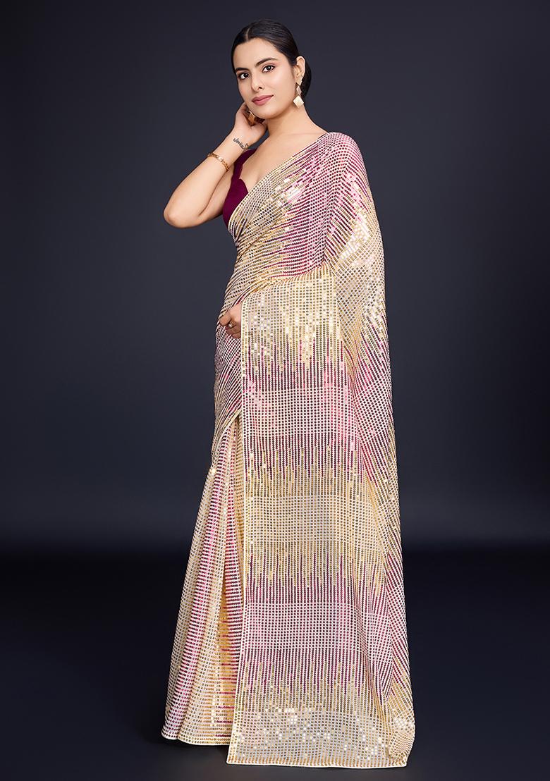 Cream Embroidered Georgette Saree Set