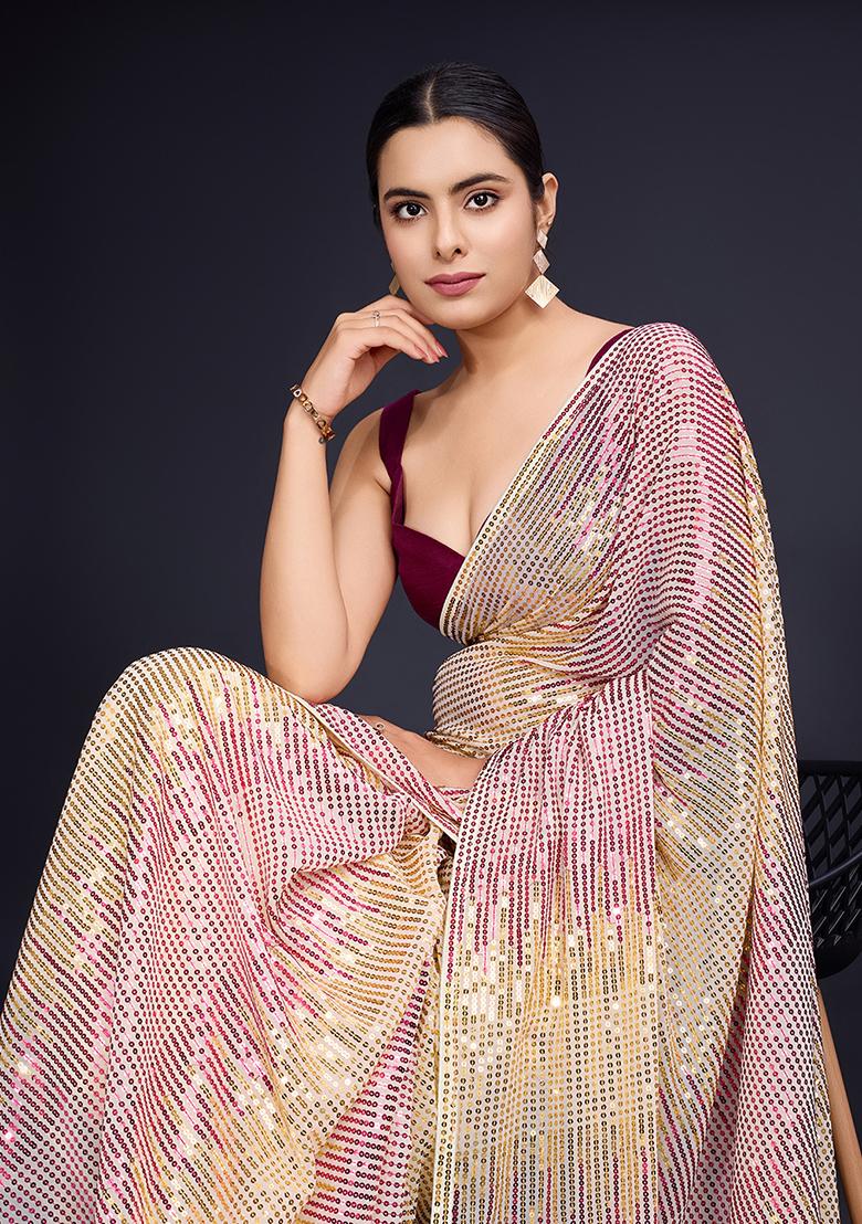 Cream Embroidered Georgette Saree Set