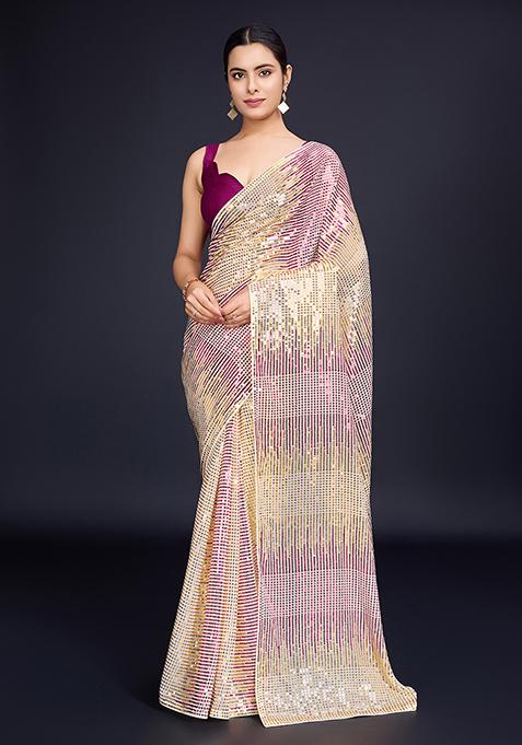 Cream Embroidered Georgette Saree Set
