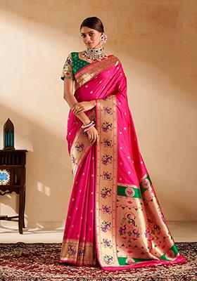 Hot Pink Zari Work Silk Saree Set