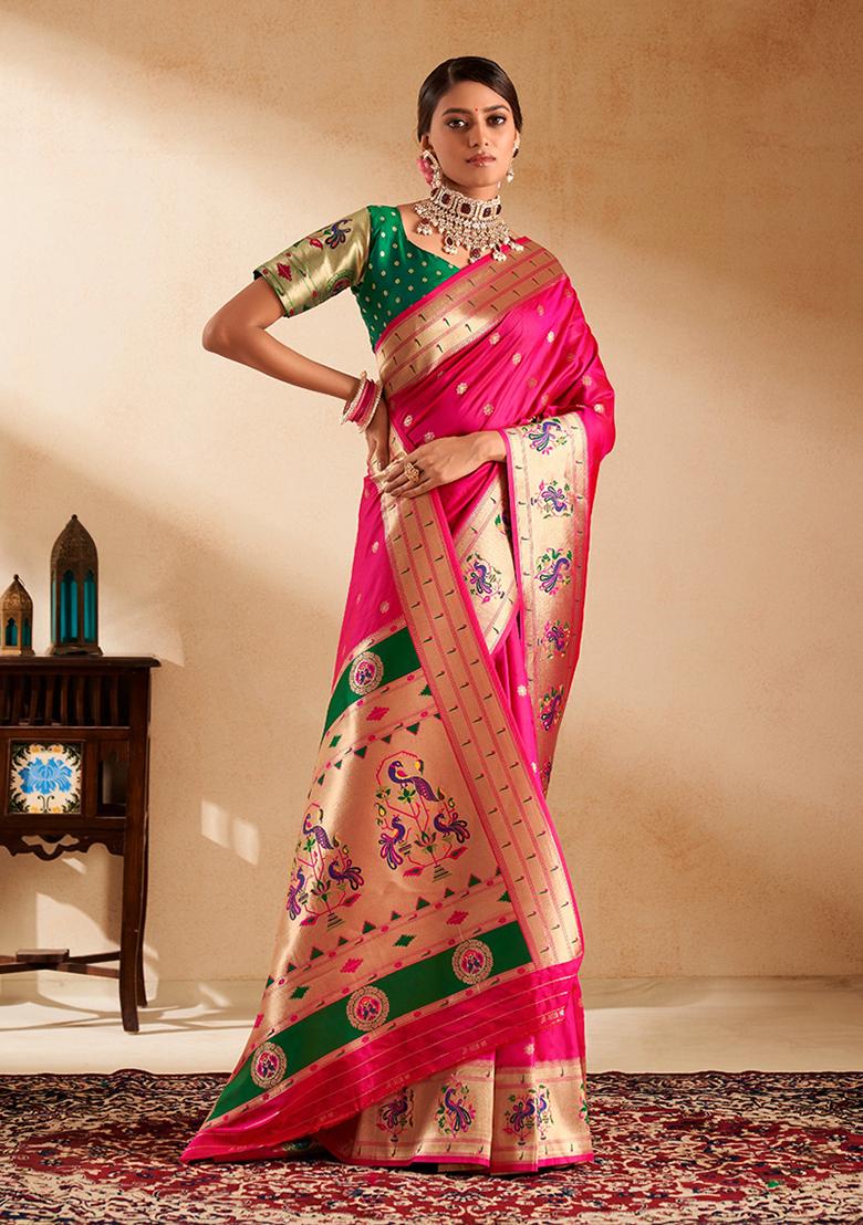 Hot Pink Zari Work Silk Saree Set