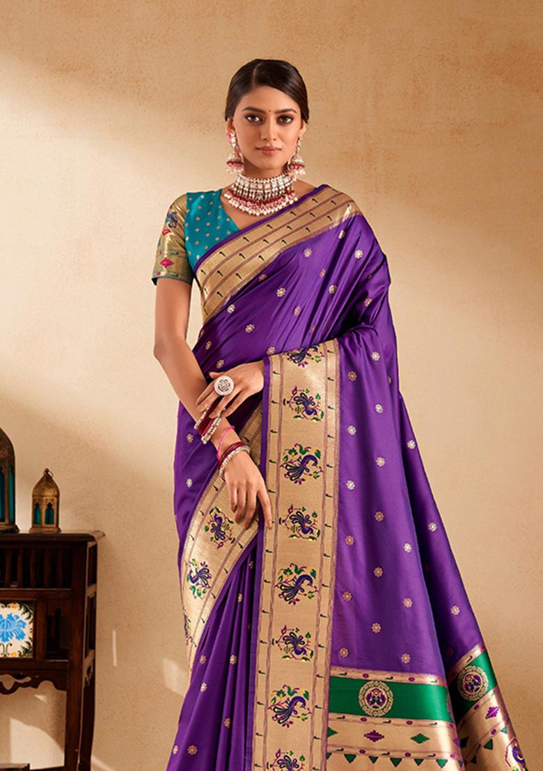 Purple Zari Work Silk Saree Set