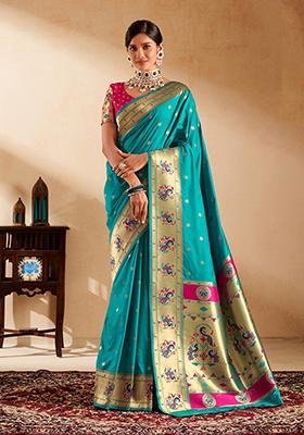 Turquoise Zari Work Silk Saree Set