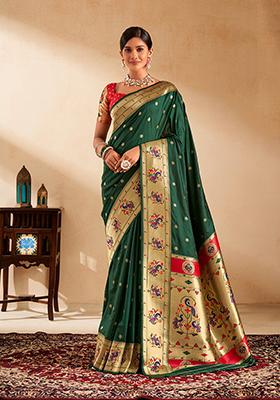 Dark Green Zari Work Silk Saree Set