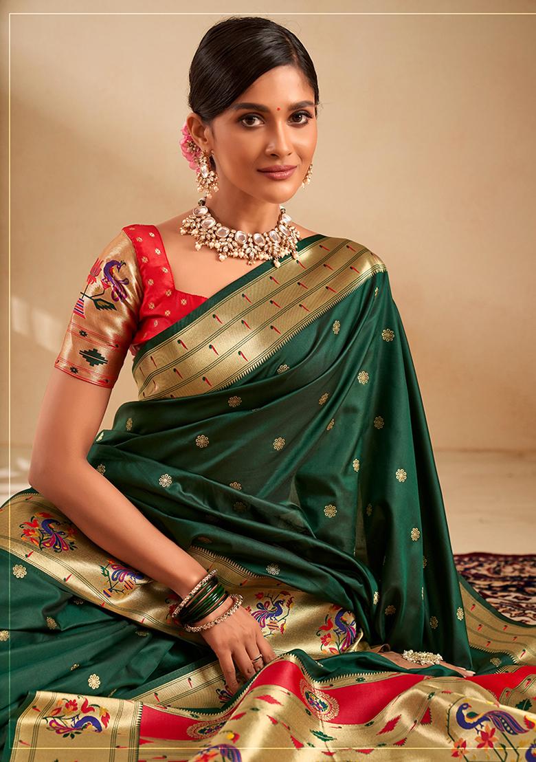 Dark Green Zari Work Silk Saree Set