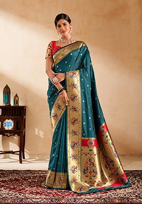 Teal Green Zari Work Silk Saree Set