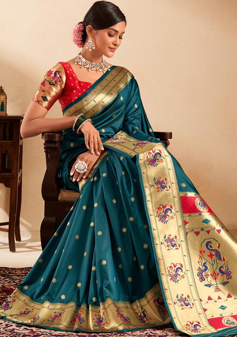 Teal Green Zari Work Silk Saree Set