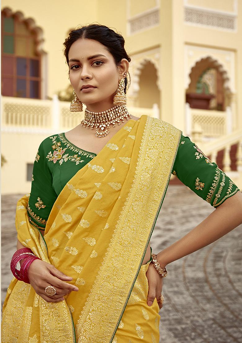 Yellow Weaving Dola Silk Saree Set