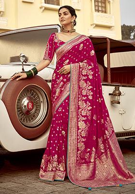 Rani Pink Weaving Dola Silk Saree Set