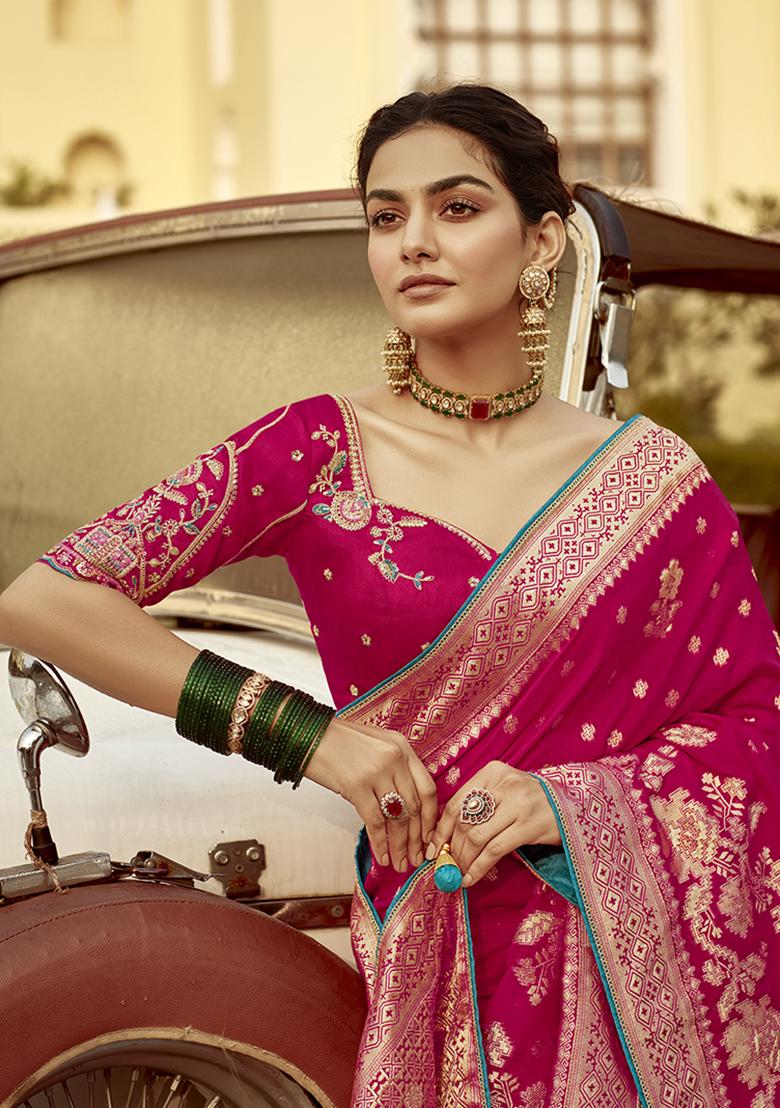 Rani Pink Weaving Dola Silk Saree Set