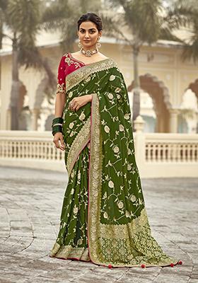 Dark Green Weaving Dola Silk Saree Set