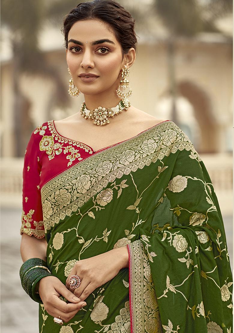 Dark Green Weaving Dola Silk Saree Set