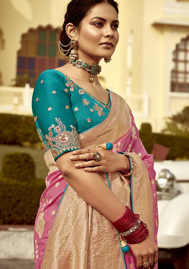 Pink Weaving Dola Silk Saree Set