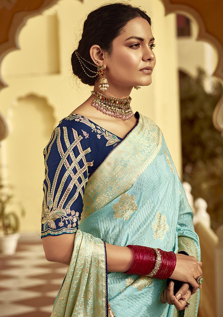 Sky Blue Weaving Dola Silk Saree Set