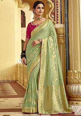 Pista Green Weaving Dola Silk Saree Set